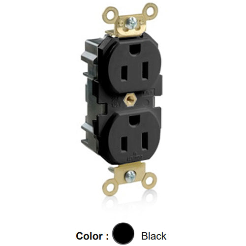 Leviton M5262-E, Lev-Lok Straight Blade Duplex Receptacle, Extra Heavy-Duty Industrial Specification Grade, Smooth Face, 15A 125V, NEMA 5-15R, 2-Pole, 3-Wire, Modular Terminals, Brass Strap, Black