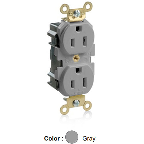 Leviton M5262-GY, Lev-Lok Straight Blade Duplex Receptacle, Extra Heavy-Duty Industrial Specification Grade, Smooth Face, 15A 125V, NEMA 5-15R, 2-Pole, 3-Wire, Modular Terminals, Brass Strap, Gray