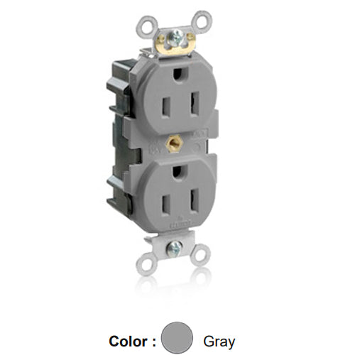 Leviton M5262-GYS, Lev-Lok Straight Blade Duplex Receptacle, Heavy-Duty Industrial Specification Grade, Smooth Face, 15A 125V, NEMA 5-15R, 2-Pole, 3-Wire, Modular Terminals, Gray