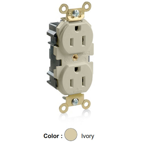 Leviton M5262-I, Lev-Lok Straight Blade Duplex Receptacle, Extra Heavy-Duty Industrial Specification Grade, Smooth Face, 15A 125V, NEMA 5-15R, 2-Pole, 3-Wire, Modular Terminals, Brass Strap, Ivory