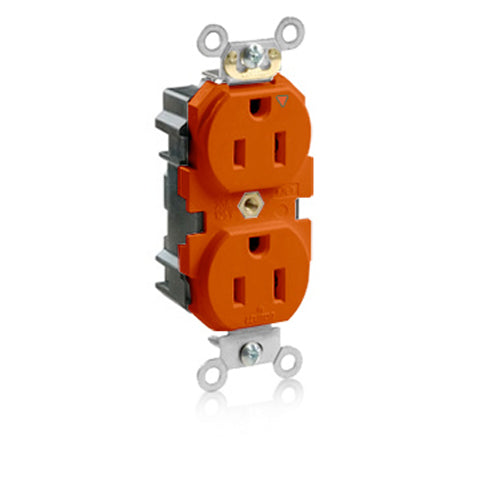 Leviton M5262-IG, Lev-Lok Straight Blade Duplex Receptacle, Heavy-Duty Industrial Specification Grade, Smooth Face, Isolated Ground, 15A 125V, NEMA 5-15R, 2-Pole, 3-Wire, Modular Terminals, Orange