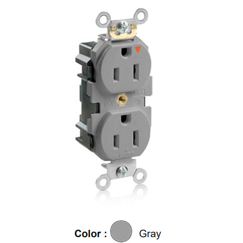 Leviton M5262-IGG, Lev-Lok Straight Blade Duplex Receptacle, Heavy-Duty Industrial Specification Grade, Smooth Face, Isolated Ground, 15A 125V, NEMA 5-15R, 2-Pole, 3-Wire, Modular Terminals, Gray
