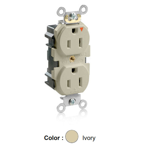Leviton M5262-IGI, Lev-Lok Straight Blade Duplex Receptacle, Heavy-Duty Industrial Specification Grade, Smooth Face, Isolated Ground, 15A 125V, NEMA 5-15R, 2-Pole, 3-Wire, Modular Terminals, Ivory