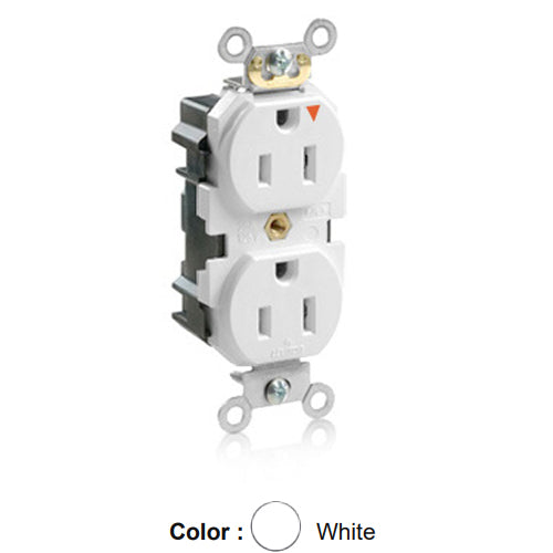 Leviton M5262-IGW, Lev-Lok Straight Blade Duplex Receptacle, Heavy-Duty Industrial Specification Grade, Smooth Face, Isolated Ground, 15A 125V, NEMA 5-15R, 2-Pole, 3-Wire, Modular Terminals, White