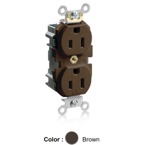 Leviton M5262-S, Lev-Lok Straight Blade Duplex Receptacle, Heavy-Duty Industrial Specification Grade, Smooth Face, 15A 125V, NEMA 5-15R, 2-Pole, 3-Wire, Modular Terminals, Brown
