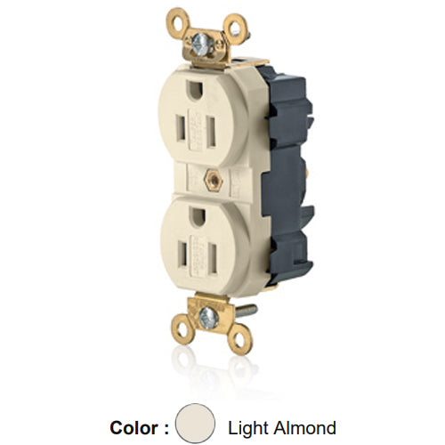 Leviton M5262-SGT, Lev-Lok Straight Blade Duplex Receptacle, Extra Heavy-Duty Industrial Specification Grade, Smooth Face, Tamper-Resistant, 15A 125V, NEMA 5-15R, 2-Pole, 3-Wire, Modular Terminals, Light Almond