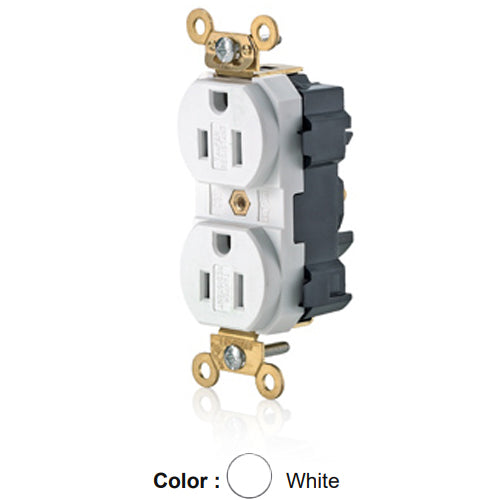 Leviton M5262-SGW, Lev-Lok Straight Blade Duplex Receptacle, Extra Heavy-Duty Industrial Specification Grade, Smooth Face, Tamper-Resistant, 15A 125V, NEMA 5-15R, 2-Pole, 3-Wire, Modular Terminals, White