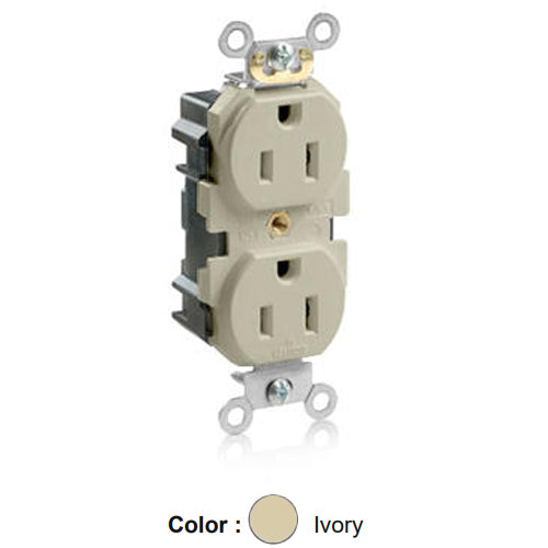 Leviton M5262-SI, Lev-Lok Straight Blade Duplex Receptacle, Heavy-Duty Industrial Specification Grade, Smooth Face, 15A 125V, NEMA 5-15R, 2-Pole, 3-Wire, Modular Terminals, Ivory