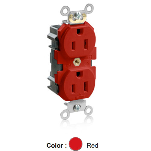 Leviton M5262-SR, Lev-Lok Straight Blade Duplex Receptacle, Heavy-Duty Industrial Specification Grade, Smooth Face, 15A 125V, NEMA 5-15R, 2-Pole, 3-Wire, Modular Terminals, Red