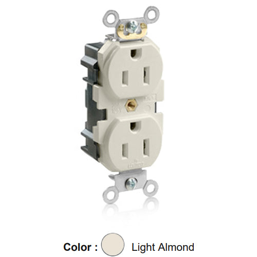 Leviton M5262-ST, Lev-Lok Straight Blade Duplex Receptacle, Heavy-Duty Industrial Specification Grade, Smooth Face, 15A 125V, NEMA 5-15R, 2-Pole, 3-Wire, Modular Terminals, Light Almond