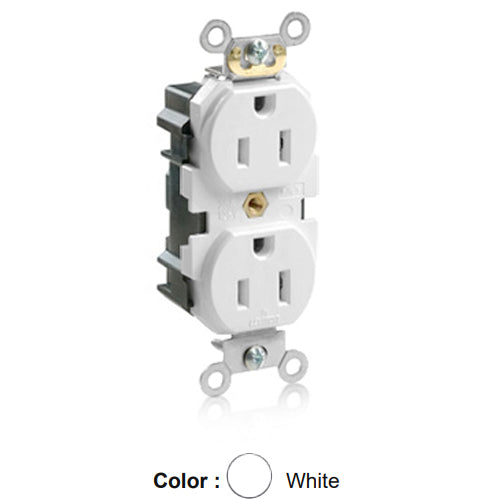 Leviton M5262-SW, Lev-Lok Straight Blade Duplex Receptacle, Heavy-Duty Industrial Specification Grade, Smooth Face, 15A 125V, NEMA 5-15R, 2-Pole, 3-Wire, Modular Terminals, White