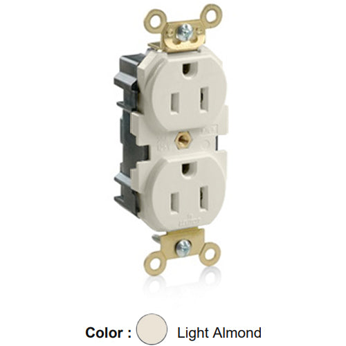 Leviton M5262-T, Lev-Lok Straight Blade Duplex Receptacle, Extra Heavy-Duty Industrial Specification Grade, Smooth Face, 15A 125V, NEMA 5-15R, 2-Pole, 3-Wire, Modular Terminals, Brass Strap, Light Almond