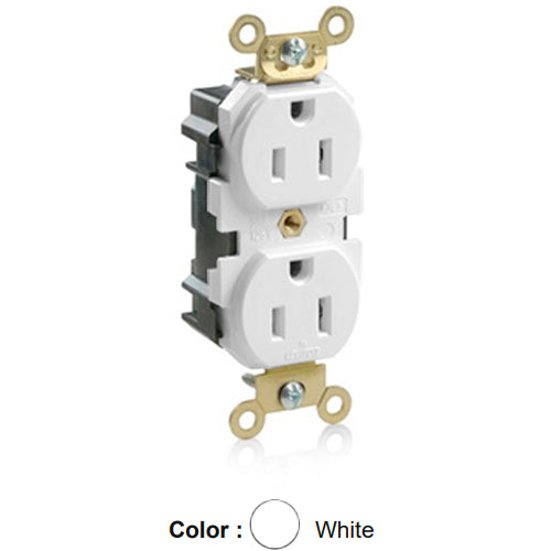 Leviton M5262-W, Lev-Lok Straight Blade Duplex Receptacle, Extra Heavy-Duty Industrial Specification Grade, Smooth Face, 15A 125V, NEMA 5-15R, 2-Pole, 3-Wire, Modular Terminals, Brass Strap, White