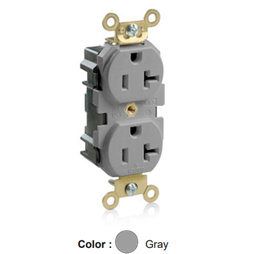 Leviton M5362-GY, Lev-Lok Straight Blade Duplex Receptacle, Extra Heavy-Duty Industrial Specification Grade, Smooth Face, 20A 125V, NEMA 5-20R, 2-Pole, 3-Wire, Modular Terminals, Brass Strap, Gray