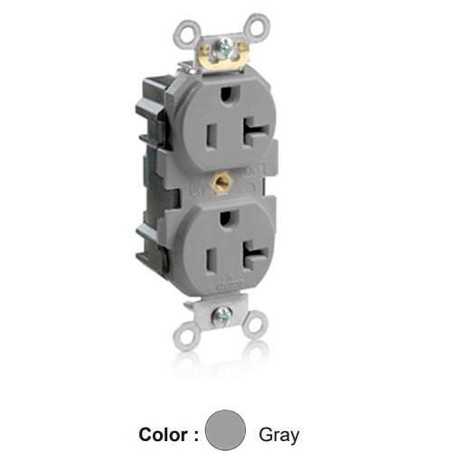 Leviton M5362-GYS, Lev-Lok Straight Blade Duplex Receptacle, Heavy-Duty Industrial Specification Grade, Smooth Face, 20A 125V, NEMA 5-20R, 2-Pole, 3-Wire, Modular Terminals, Gray