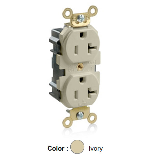 Leviton M5362-I, Lev-Lok Straight Blade Duplex Receptacle, Extra Heavy-Duty Industrial Specification Grade, Smooth Face, 20A 125V, NEMA 5-20R, 2-Pole, 3-Wire, Modular Terminals, Brass Strap, Ivory