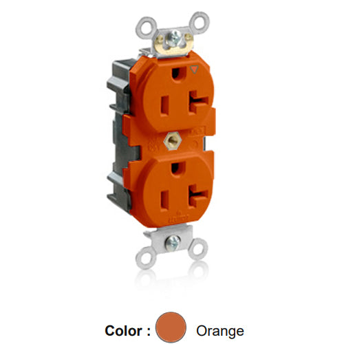 Leviton M5362-IG, Lev-Lok Straight Blade Duplex Receptacle, Heavy-Duty Industrial Specification Grade, Smooth Face, Isolated Ground, 20A 125V, NEMA 5-20R, 2-Pole, 3-Wire, Modular Terminals, Orange