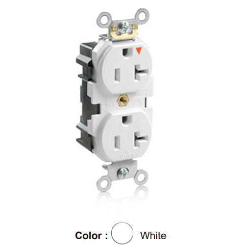 Leviton M5362-IGW, Lev-Lok Straight Blade Duplex Receptacle, Heavy-Duty Industrial Specification Grade, Smooth Face, Isolated Ground, 20A 125V, NEMA 5-20R, 2-Pole, 3-Wire, Modular Terminals, White