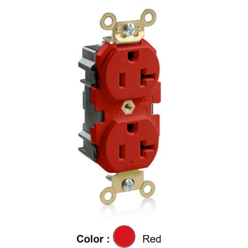 Leviton M5362-R, Lev-Lok Straight Blade Duplex Receptacle, Extra Heavy-Duty Industrial Specification Grade, Smooth Face, 20A 125V, NEMA 5-20R, 2-Pole, 3-Wire, Modular Terminals, Brass Strap, Red