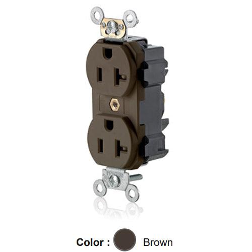 Leviton M5362-S, Lev-Lok Straight Blade Duplex Receptacle, Heavy-Duty Industrial Specification Grade, Smooth Face, 20A 125V, NEMA 5-20R, 2-Pole, 3-Wire, Modular Terminals, Brown