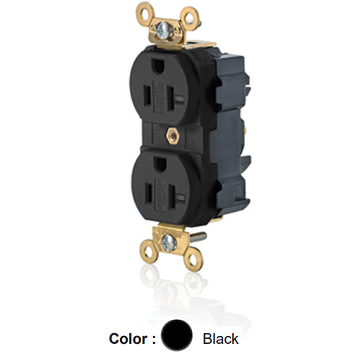 Leviton M5362-SE, Lev-Lok Straight Blade Duplex Receptacle, Heavy-Duty Industrial Specification Grade, Smooth Face, 20A 125V, NEMA 5-20R, 2-Pole, 3-Wire, Modular Terminals, Black