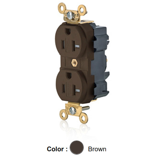 Leviton M5362-SG, Lev-Lok Straight Blade Duplex Receptacle, Extra Heavy-Duty Industrial Specification Grade, Smooth Face, Tamper-Resistant, 20A 125V, NEMA 5-20R, 2-Pole, 3-Wire, Modular Terminals, Brown