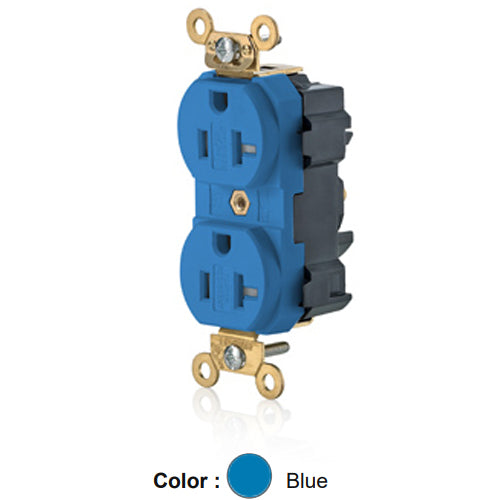 Leviton M5362-SGB, Lev-Lok Straight Blade Duplex Receptacle, Extra Heavy-Duty Industrial Specification Grade, Smooth Face, Tamper-Resistant, 20A 125V, NEMA 5-20R, 2-Pole, 3-Wire, Modular Terminals, Blue