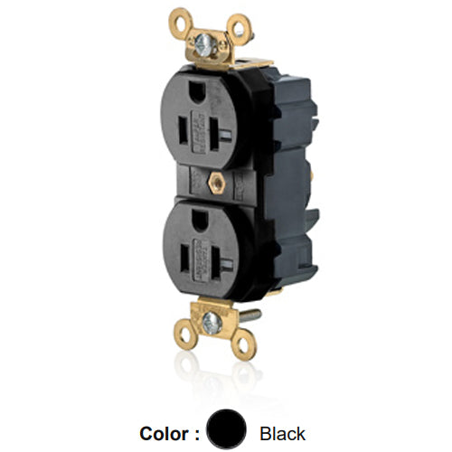 Leviton M5362-SGE, Lev-Lok Straight Blade Duplex Receptacle, Extra Heavy-Duty Industrial Specification Grade, Smooth Face, Tamper-Resistant, 20A 125V, NEMA 5-20R, 2-Pole, 3-Wire, Modular Terminals, Black