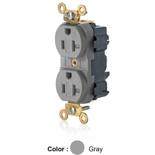 Leviton M5362-SGG, Lev-Lok Straight Blade Duplex Receptacle, Extra Heavy-Duty Industrial Specification Grade, Smooth Face, Tamper-Resistant, 20A 125V, NEMA 5-20R, 2-Pole, 3-Wire, Modular Terminals, Gray