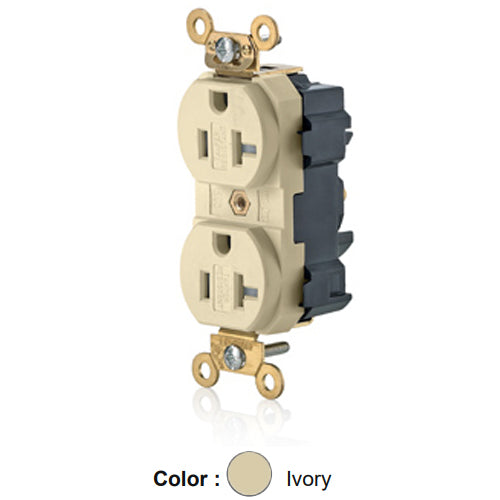 Leviton M5362-SGI, Lev-Lok Straight Blade Duplex Receptacle, Extra Heavy-Duty Industrial Specification Grade, Smooth Face, Tamper-Resistant, 20A 125V, NEMA 5-20R, 2-Pole, 3-Wire, Modular Terminals, Ivory