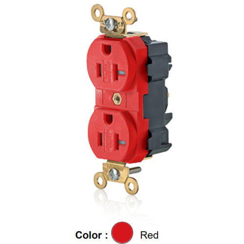 Leviton M5362-SGR, Lev-Lok Straight Blade Duplex Receptacle, Extra Heavy-Duty Industrial Specification Grade, Smooth Face, Tamper-Resistant, 20A 125V, NEMA 5-20R, 2-Pole, 3-Wire, Modular Terminals, Red