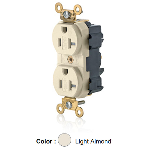 Leviton M5362-SGT, Lev-Lok Straight Blade Duplex Receptacle, Extra Heavy-Duty Industrial Specification Grade, Smooth Face, Tamper-Resistant, 20A 125V, NEMA 5-20R, 2-Pole, 3-Wire, Modular Terminals, Light Almond