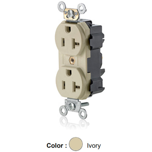 Leviton M5362-SI, Lev-Lok Straight Blade Duplex Receptacle, Heavy-Duty Industrial Specification Grade, Smooth Face, 20A 125V, NEMA 5-20R, 2-Pole, 3-Wire, Modular Terminals, Ivory