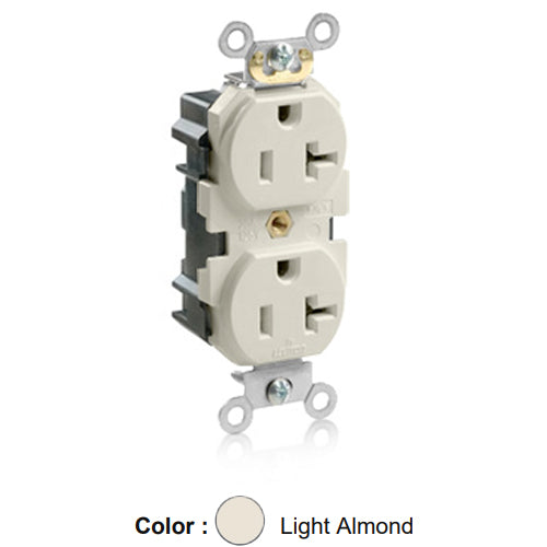 Leviton M5362-ST, Lev-Lok Straight Blade Duplex Receptacle, Heavy-Duty Industrial Specification Grade, Smooth Face, 20A 125V, NEMA 5-20R, 2-Pole, 3-Wire, Modular Terminals, Light Almond
