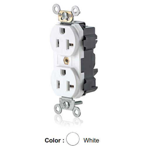 Leviton M5362-SW, Lev-Lok Straight Blade Duplex Receptacle, Heavy-Duty Industrial Specification Grade, Smooth Face, 20A 125V, NEMA 5-20R, 2-Pole, 3-Wire, Modular Terminals, White