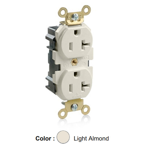 Leviton M5362-T, Lev-Lok Straight Blade Duplex Receptacle, Extra Heavy-Duty Industrial Specification Grade, Smooth Face, 20A 125V, NEMA 5-20R, 2-Pole, 3-Wire, Modular Terminals, Brass Strap, Light Almond