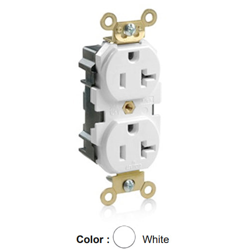 Leviton M5362-W, Lev-Lok Straight Blade Duplex Receptacle, Extra Heavy-Duty Industrial Specification Grade, Smooth Face, 20A 125V, NEMA 5-20R, 2-Pole, 3-Wire, Modular Terminals, Brass Strap, White