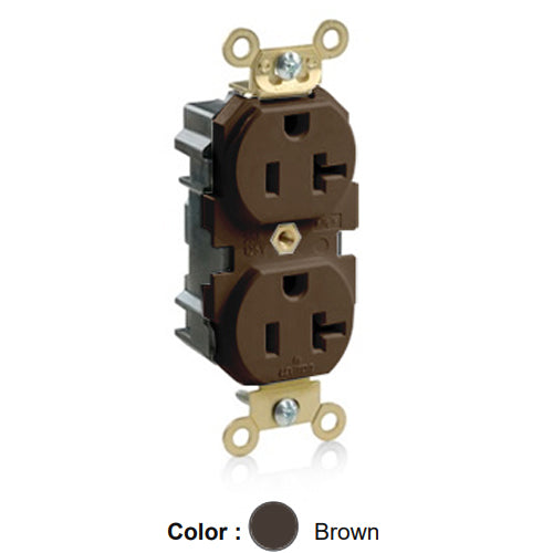 Leviton M5362, Lev-Lok Straight Blade Duplex Receptacle, Extra Heavy-Duty Industrial Specification Grade, Smooth Face, 20A 125V, NEMA 5-20R, 2-Pole, 3-Wire, Modular Terminals, Brass Strap, Brown