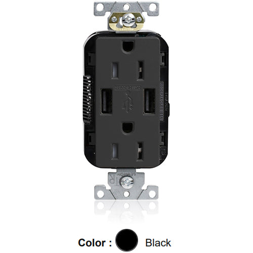 Leviton M56AA-E, Lev-Lok Combination Decora Straight Blade Duplex Receptacle, Dual-Port USB Type A-A Charger, Commercial Specification Grade, Tamper-Resistant, 15A 125V, NEMA 5-15R, 2-Pole, 3-Wire, Modular Terminals, Black