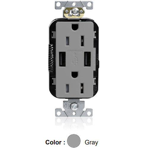 Leviton M56AA-GY, Lev-Lok Combination Decora Straight Blade Duplex Receptacle, Dual-Port USB Type A-A Charger, Commercial Specification Grade, Tamper-Resistant, 15A 125V, NEMA 5-15R, 2-Pole, 3-Wire, Modular Terminals, Gray
