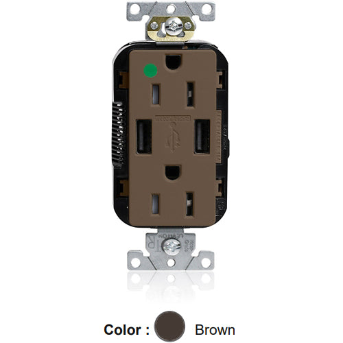 Leviton M56AA-HG, Lev-Lok Combination Decora Straight Blade Duplex Receptacle, Dual-Port USB Type A-A Charger, Heavy-Duty Hospital Grade, Tamper-Resistant, 15A 125V, NEMA 5-15R, 2-Pole, 3-Wire, Modular Terminals, Brown