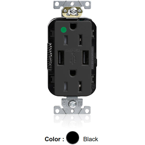 Leviton M56AA-HGE, Lev-Lok Combination Decora Straight Blade Duplex Receptacle, Dual-Port USB Type A-A Charger, Heavy-Duty Hospital Grade, Tamper-Resistant, 15A 125V, NEMA 5-15R, 2-Pole, 3-Wire, Modular Terminals, Black