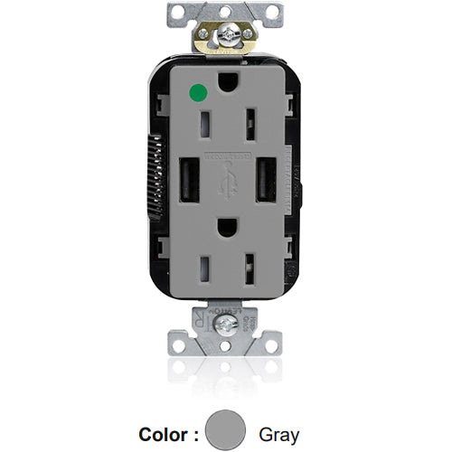 Leviton M56AA-HGG, Lev-Lok Combination Decora Straight Blade Duplex Receptacle, Dual-Port USB Type A-A Charger, Heavy-Duty Hospital Grade, Tamper-Resistant, 15A 125V, NEMA 5-15R, 2-Pole, 3-Wire, Modular Terminals, Gray