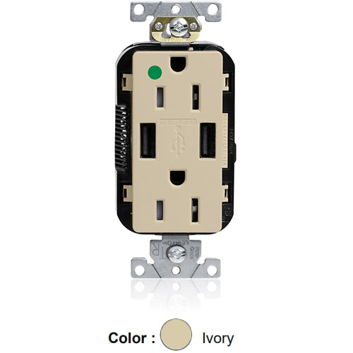 Leviton M56AA-HGI, Lev-Lok Combination Decora Straight Blade Duplex Receptacle, Dual-Port USB Type A-A Charger, Heavy-Duty Hospital Grade, Tamper-Resistant, 15A 125V, NEMA 5-15R, 2-Pole, 3-Wire, Modular Terminals, Ivory