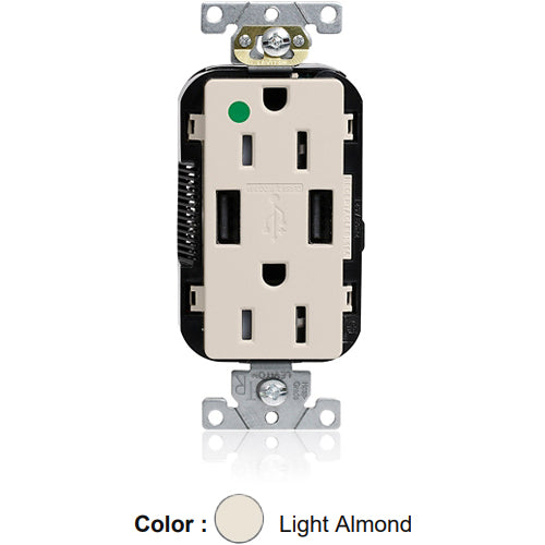 Leviton M56AA-HGT, Lev-Lok Combination Decora Straight Blade Duplex Receptacle, Dual-Port USB Type A-A Charger, Heavy-Duty Hospital Grade, Tamper-Resistant, 15A 125V, NEMA 5-15R, 2-Pole, 3-Wire, Modular Terminals, Light Almond
