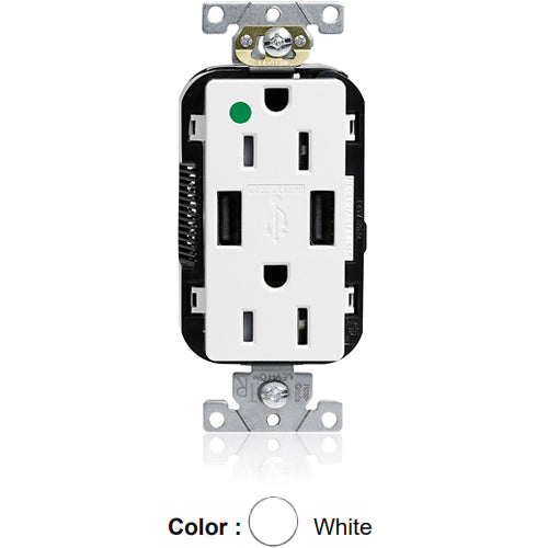 Leviton M56AA-HGW, Lev-Lok Combination Decora Straight Blade Duplex Receptacle, Dual-Port USB Type A-A Charger, Heavy-Duty Hospital Grade, Tamper-Resistant, 15A 125V, NEMA 5-15R, 2-Pole, 3-Wire, Modular Terminals, White