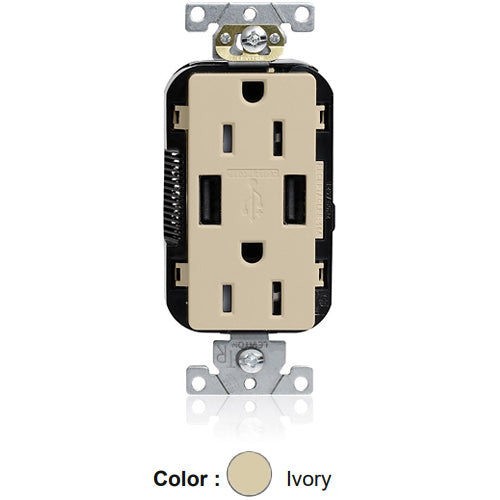 Leviton M56AA-I, Lev-Lok Combination Decora Straight Blade Duplex Receptacle, Dual-Port USB Type A-A Charger, Commercial Specification Grade, Tamper-Resistant, 15A 125V, NEMA 5-15R, 2-Pole, 3-Wire, Modular Terminals, Ivory