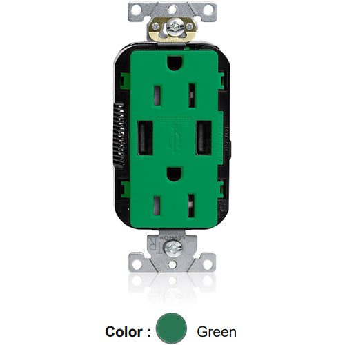 Leviton M56AA-N, Lev-Lok Combination Decora Straight Blade Duplex Receptacle, Dual-Port USB Type A-A Charger, Commercial Specification Grade, Tamper-Resistant, 15A 125V, NEMA 5-15R, 2-Pole, 3-Wire, Modular Terminals, Green
