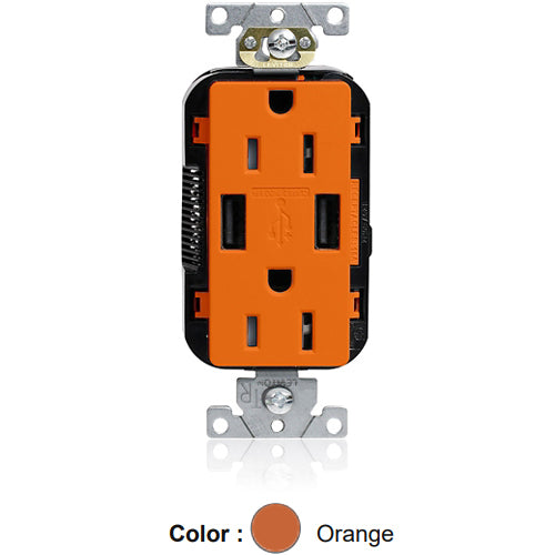Leviton M56AA-O, Lev-Lok Combination Decora Straight Blade Duplex Receptacle, Dual-Port USB Type A-A Charger, Commercial Specification Grade, Tamper-Resistant, 15A 125V, NEMA 5-15R, 2-Pole, 3-Wire, Modular Terminals, Orange