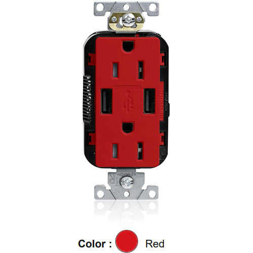 Leviton M56AA-R, Lev-Lok Combination Decora Straight Blade Duplex Receptacle, Dual-Port USB Type A-A Charger, Commercial Specification Grade, Tamper-Resistant, 15A 125V, NEMA 5-15R, 2-Pole, 3-Wire, Modular Terminals, Red